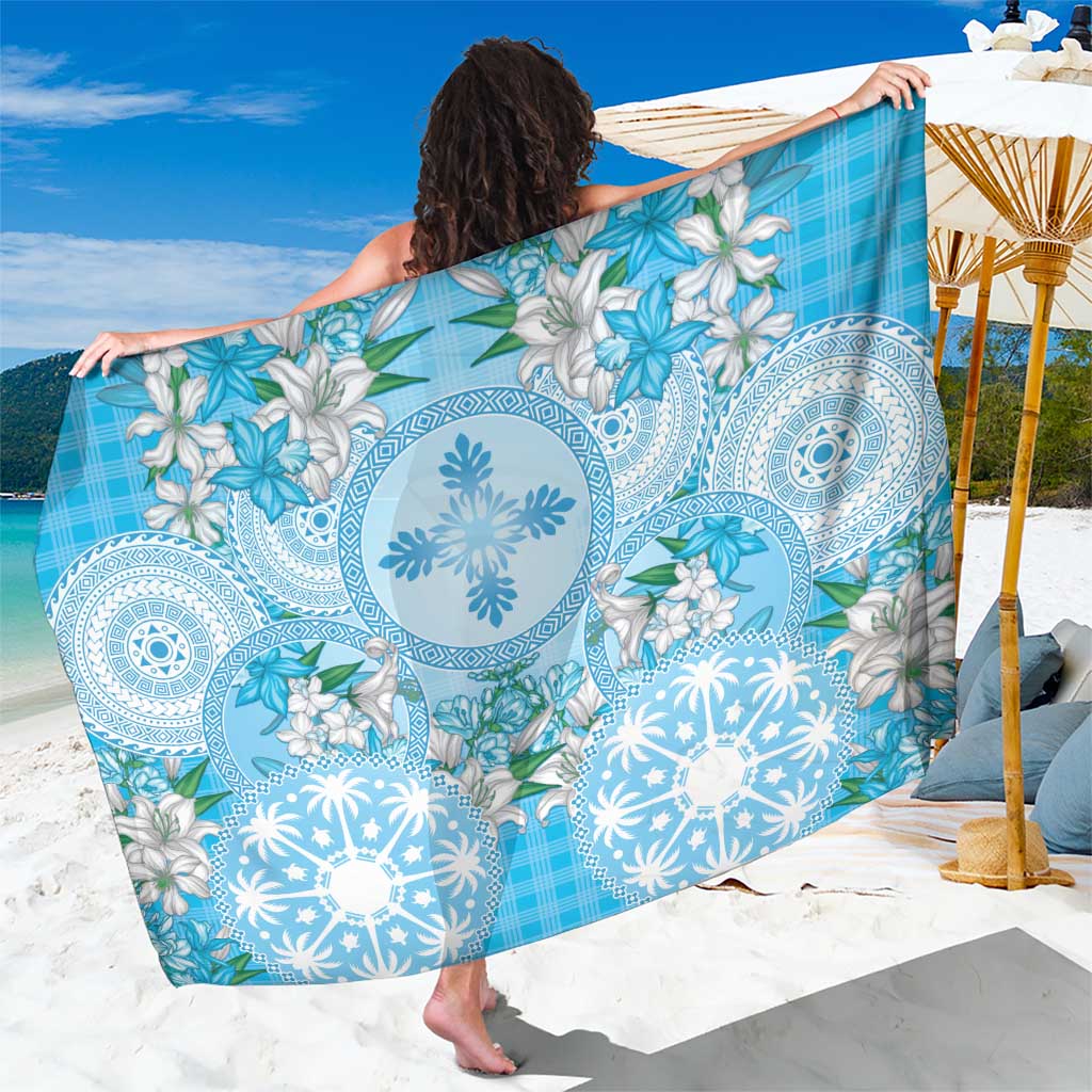 Hawaii Cyan Palaka Sarong With Tapa Pattern Tropical Flowers - Polynesian Pride