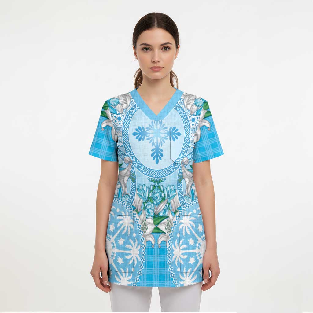 Hawaii Cyan Palaka Scrub Top With Tapa Pattern Tropical Flowers - Polynesian Pride