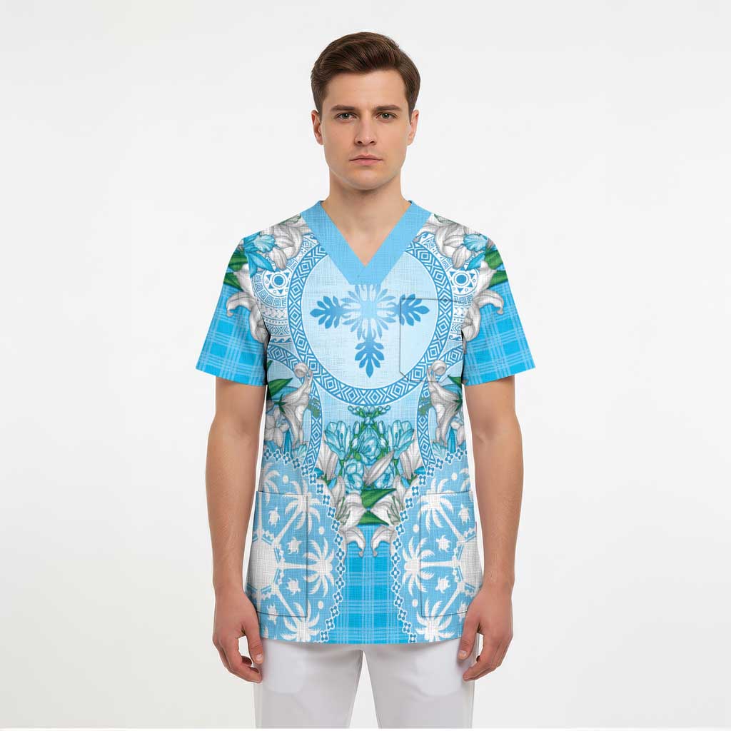 Hawaii Cyan Palaka Scrub Top With Tapa Pattern Tropical Flowers - Polynesian Pride