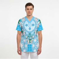 Hawaii Cyan Palaka Scrub Top With Tapa Pattern Tropical Flowers - Polynesian Pride