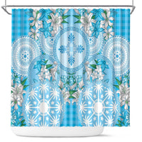 Hawaii Cyan Palaka Shower Curtain With Tapa Pattern Tropical Flowers LT05 Cyan - Polynesian Pride