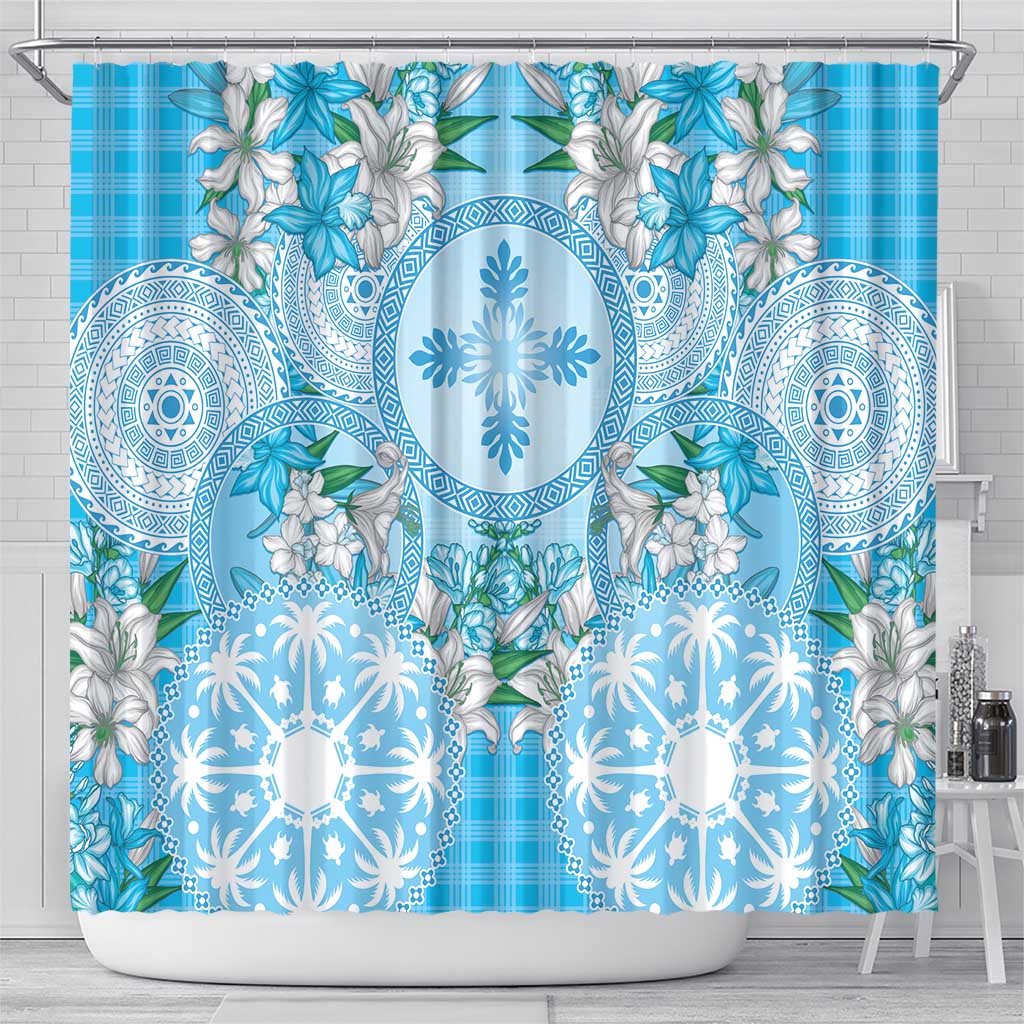 Hawaii Cyan Palaka Shower Curtain With Tapa Pattern Tropical Flowers LT05 - Polynesian Pride