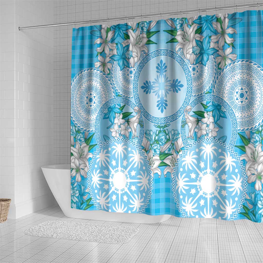 Hawaii Cyan Palaka Shower Curtain With Tapa Pattern Tropical Flowers LT05 - Polynesian Pride