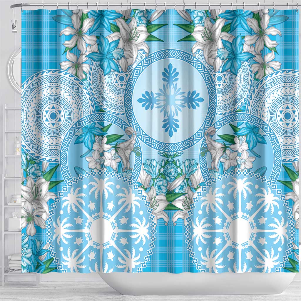 Hawaii Cyan Palaka Shower Curtain With Tapa Pattern Tropical Flowers LT05 - Polynesian Pride