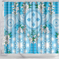 Hawaii Cyan Palaka Shower Curtain With Tapa Pattern Tropical Flowers LT05 - Polynesian Pride