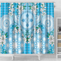Hawaii Cyan Palaka Shower Curtain With Tapa Pattern Tropical Flowers LT05 - Polynesian Pride