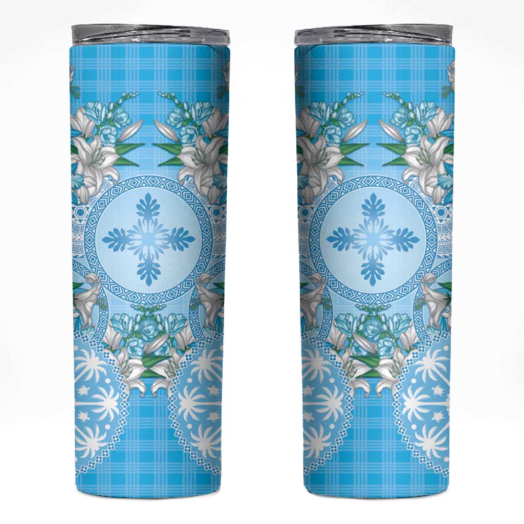 Hawaii Cyan Palaka Skinny Tumbler With Tapa Pattern Tropical Flowers - Polynesian Pride