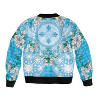 Hawaii Cyan Palaka Sleeve Zip Bomber Jacket With Tapa Pattern Tropical Flowers LT05 - Polynesian Pride