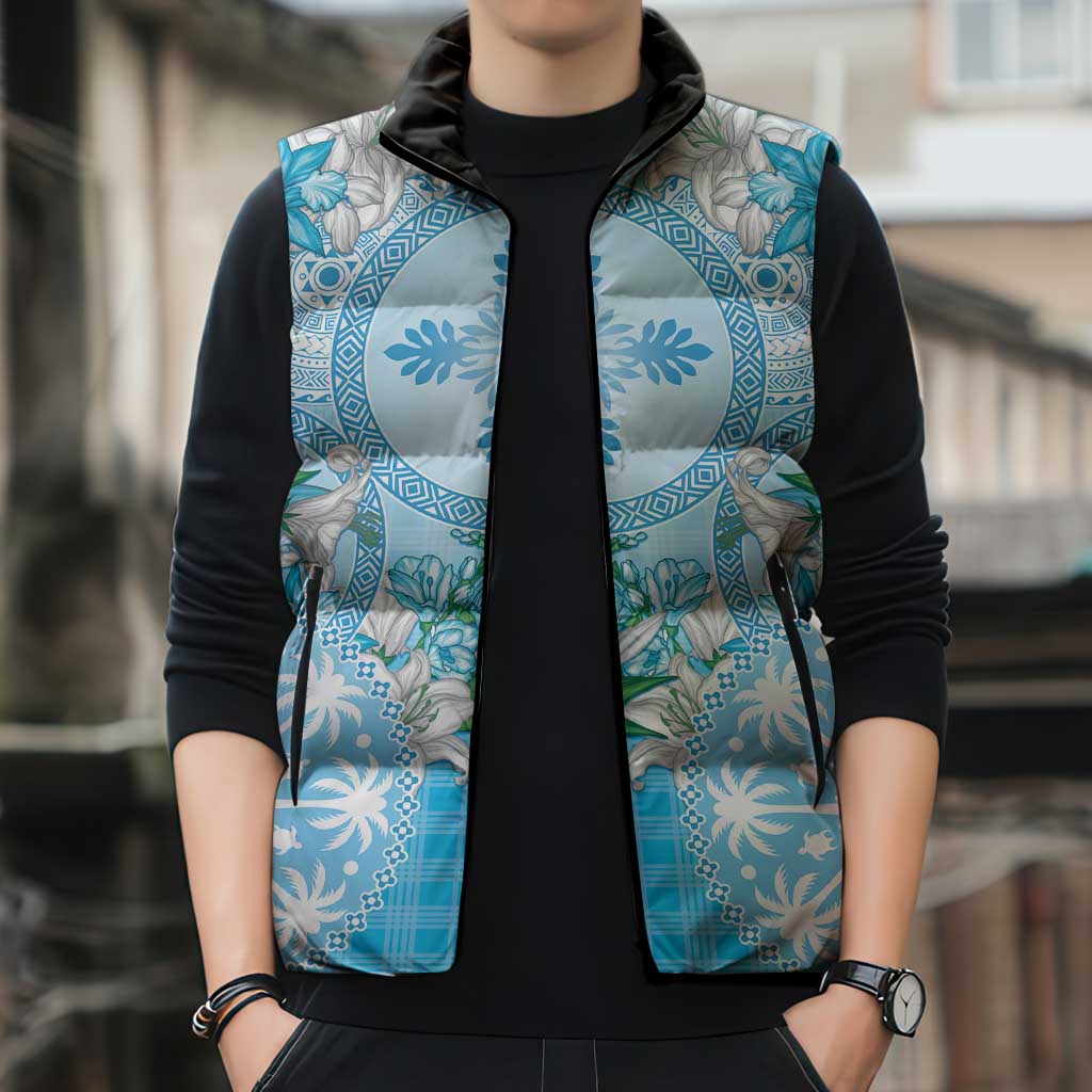Hawaii Cyan Palaka Sleeveless Puffer Jacket With Tapa Pattern Tropical Flowers - Polynesian Pride