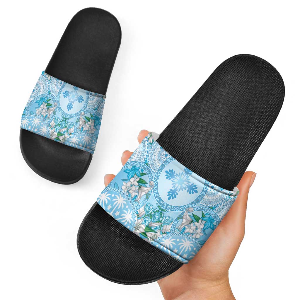 Hawaii Cyan Palaka Slide Sandals With Tapa Pattern Tropical Flowers LT05 - Polynesian Pride