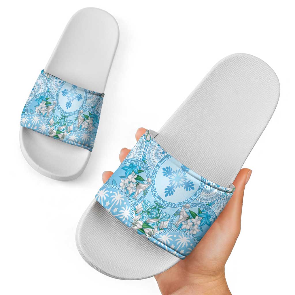 Hawaii Cyan Palaka Slide Sandals With Tapa Pattern Tropical Flowers LT05 - Polynesian Pride
