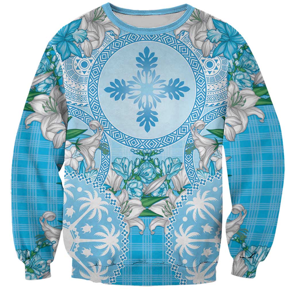 Hawaii Cyan Palaka Sweatshirt With Tapa Pattern Tropical Flowers LT05 Unisex Cyan - Polynesian Pride