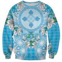 Hawaii Cyan Palaka Sweatshirt With Tapa Pattern Tropical Flowers LT05 Unisex Cyan - Polynesian Pride