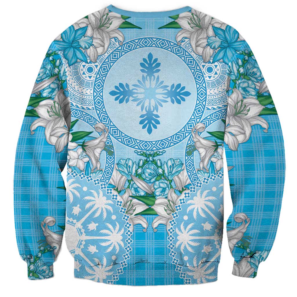 Hawaii Cyan Palaka Sweatshirt With Tapa Pattern Tropical Flowers LT05 - Polynesian Pride