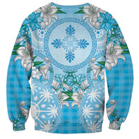 Hawaii Cyan Palaka Sweatshirt With Tapa Pattern Tropical Flowers LT05 - Polynesian Pride