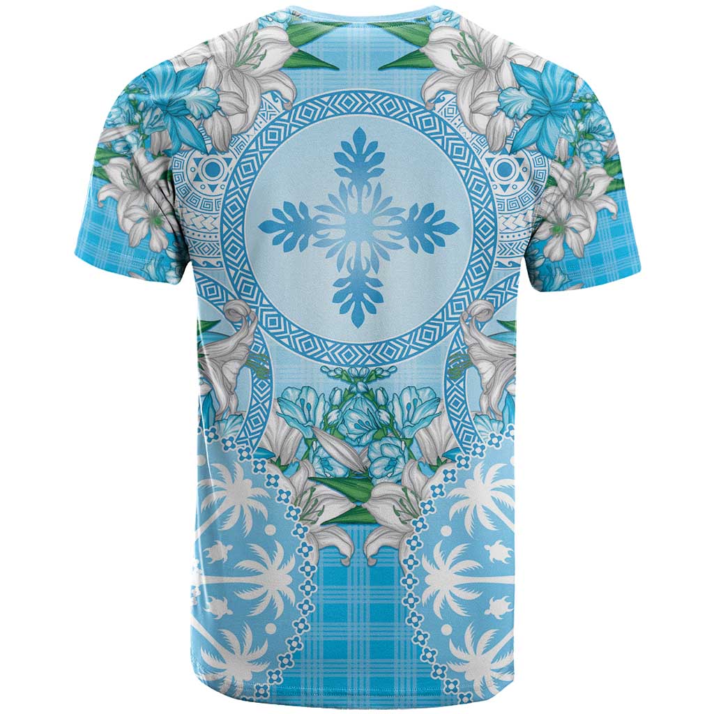 Hawaii Cyan Palaka T Shirt With Tapa Pattern Tropical Flowers - Polynesian Pride