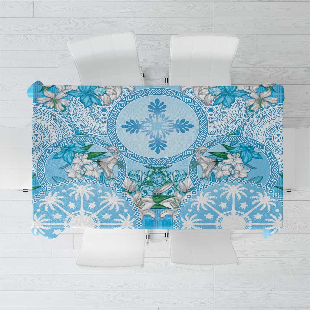 Hawaii Cyan Palaka Tablecloth With Tapa Pattern Tropical Flowers LT05 Cyan - Polynesian Pride