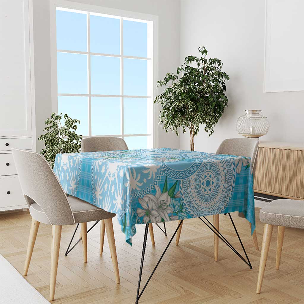 Hawaii Cyan Palaka Tablecloth With Tapa Pattern Tropical Flowers LT05 - Polynesian Pride