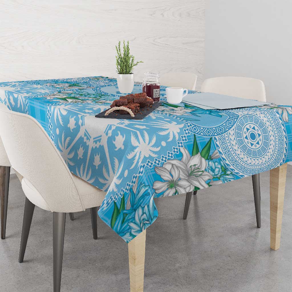 Hawaii Cyan Palaka Tablecloth With Tapa Pattern Tropical Flowers LT05 - Polynesian Pride