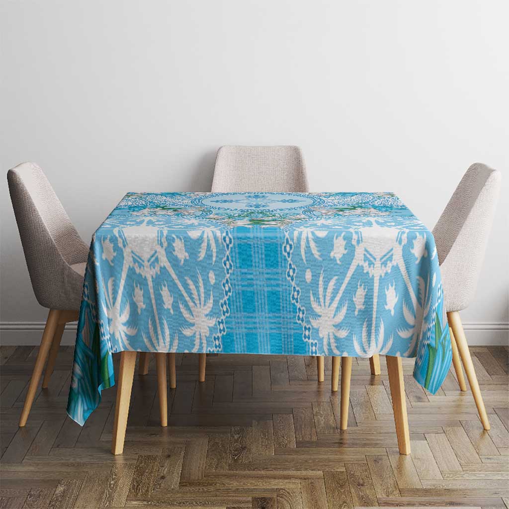 Hawaii Cyan Palaka Tablecloth With Tapa Pattern Tropical Flowers LT05 - Polynesian Pride