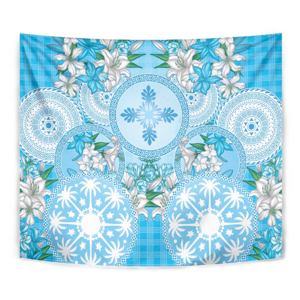 Hawaii Cyan Palaka Tapestry With Tapa Pattern Tropical Flowers - Polynesian Pride