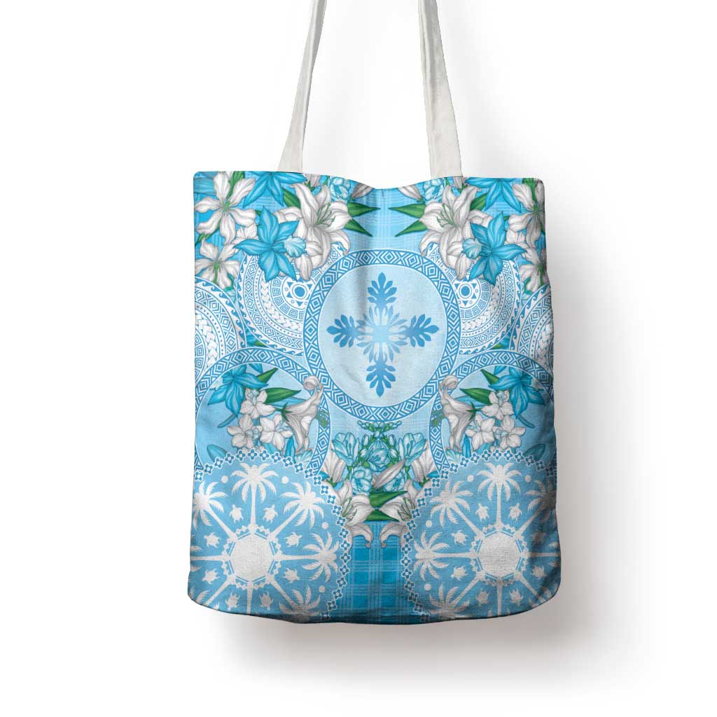 Hawaii Cyan Palaka Tote Bag With Tapa Pattern Tropical Flowers - Polynesian Pride
