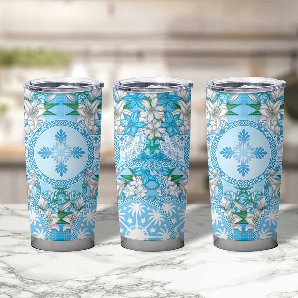 Hawaii Cyan Palaka Tumbler Cup With Tapa Pattern Tropical Flowers - Polynesian Pride