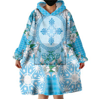 Hawaii Cyan Palaka Wearable Blanket Hoodie With Tapa Pattern Tropical Flowers - Polynesian Pride