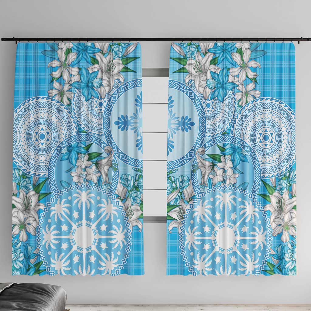 Hawaii Cyan Palaka Window Curtain With Tapa Pattern Tropical Flowers LT05 With Hooks Cyan - Polynesian Pride
