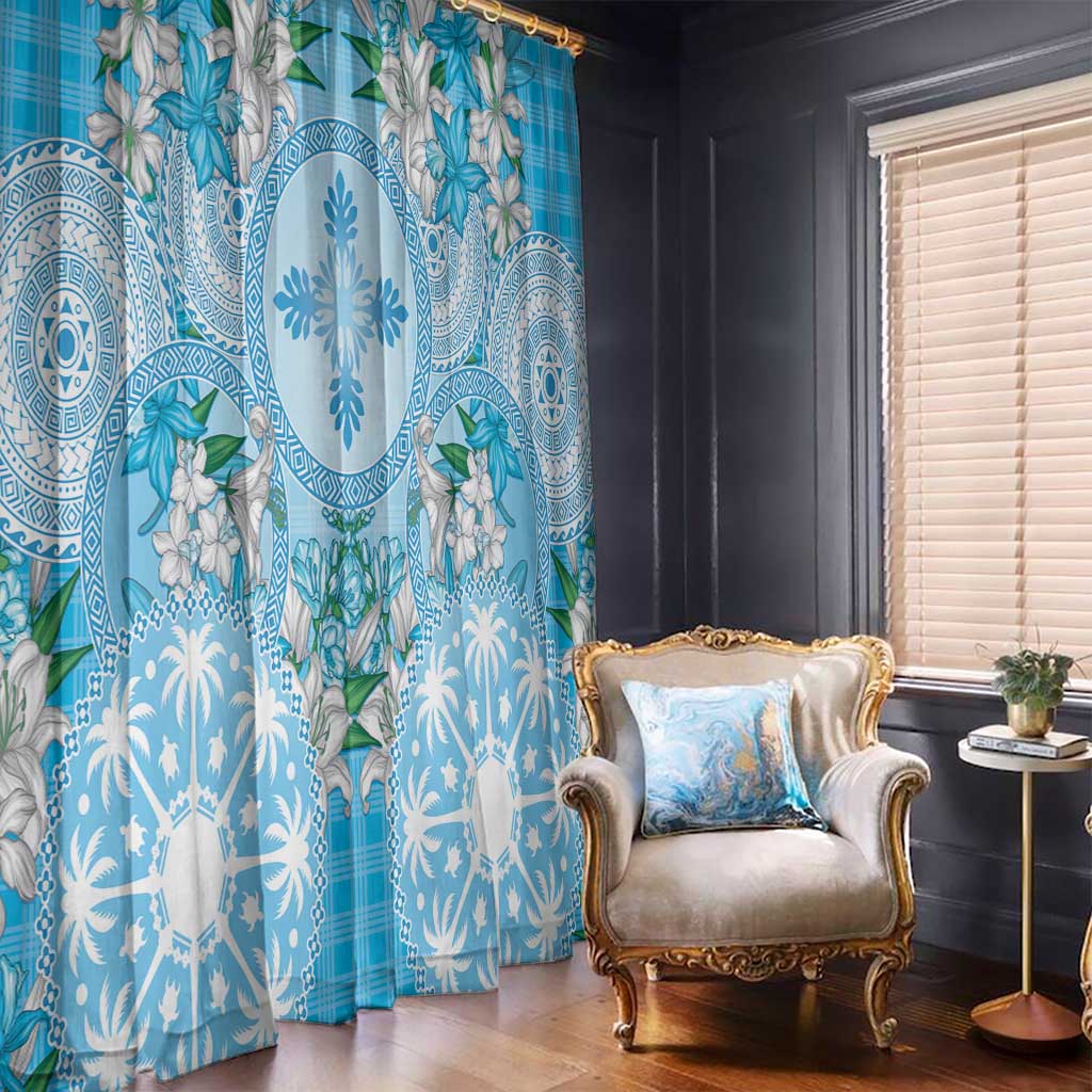 Hawaii Cyan Palaka Window Curtain With Tapa Pattern Tropical Flowers LT05 - Polynesian Pride