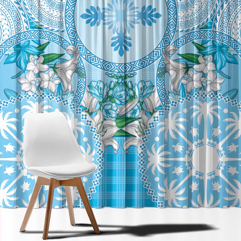 Hawaii Cyan Palaka Window Curtain With Tapa Pattern Tropical Flowers LT05 - Polynesian Pride