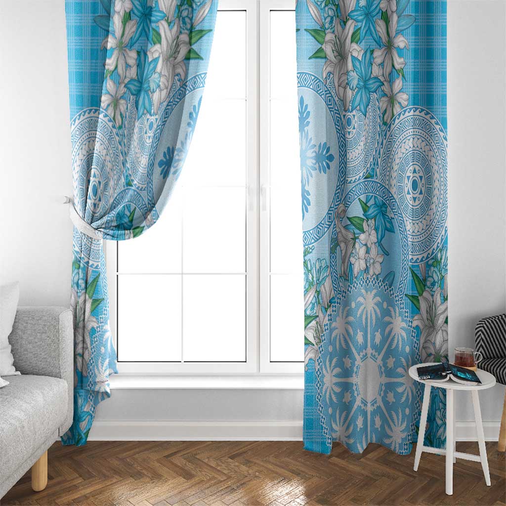 Hawaii Cyan Palaka Window Curtain With Tapa Pattern Tropical Flowers LT05 - Polynesian Pride