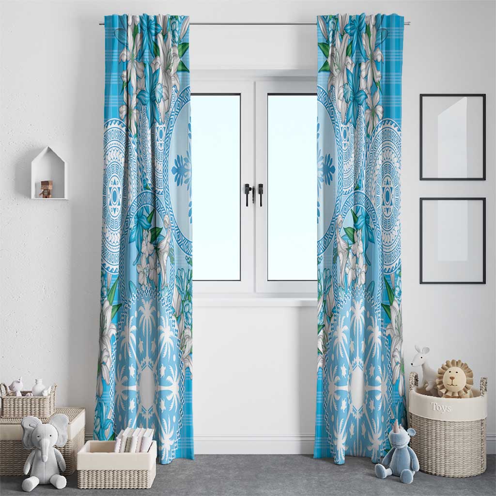Hawaii Cyan Palaka Window Curtain With Tapa Pattern Tropical Flowers LT05 - Polynesian Pride