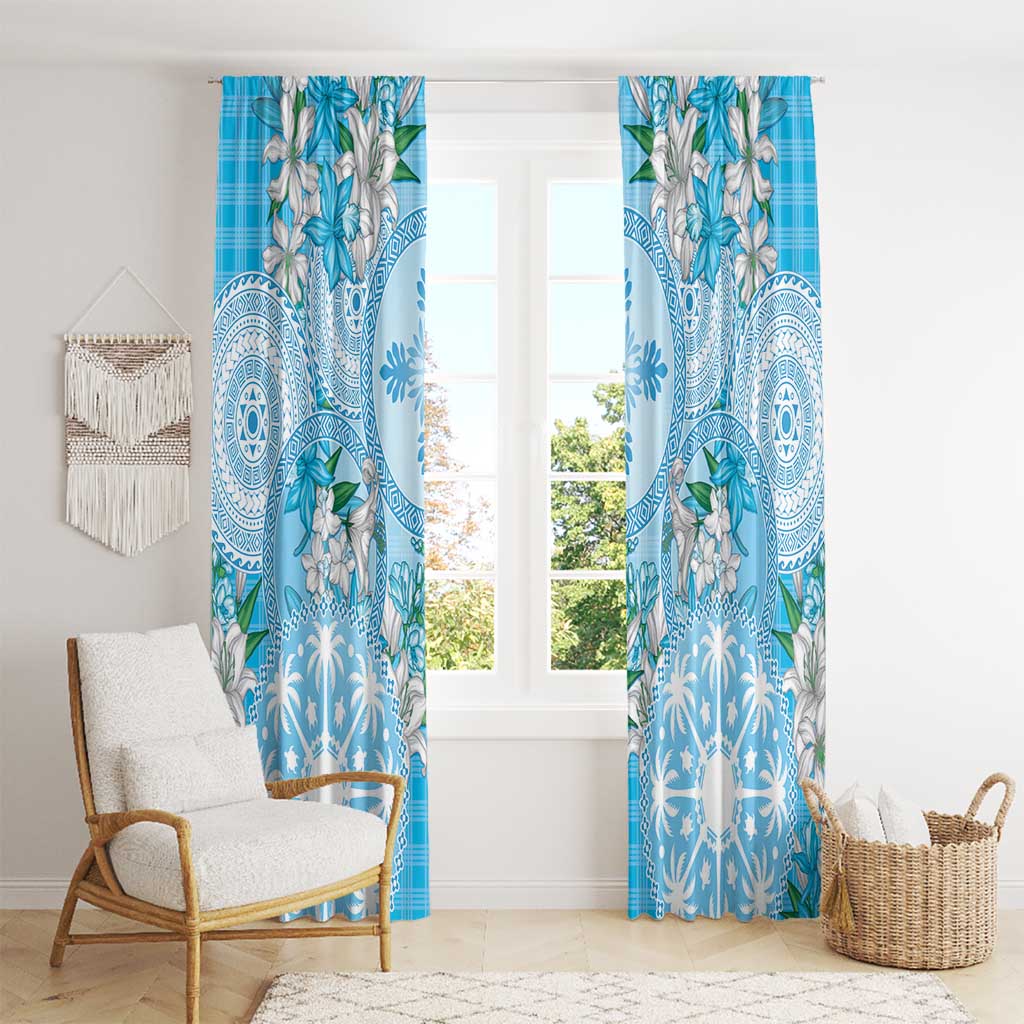 Hawaii Cyan Palaka Window Curtain With Tapa Pattern Tropical Flowers LT05 - Polynesian Pride