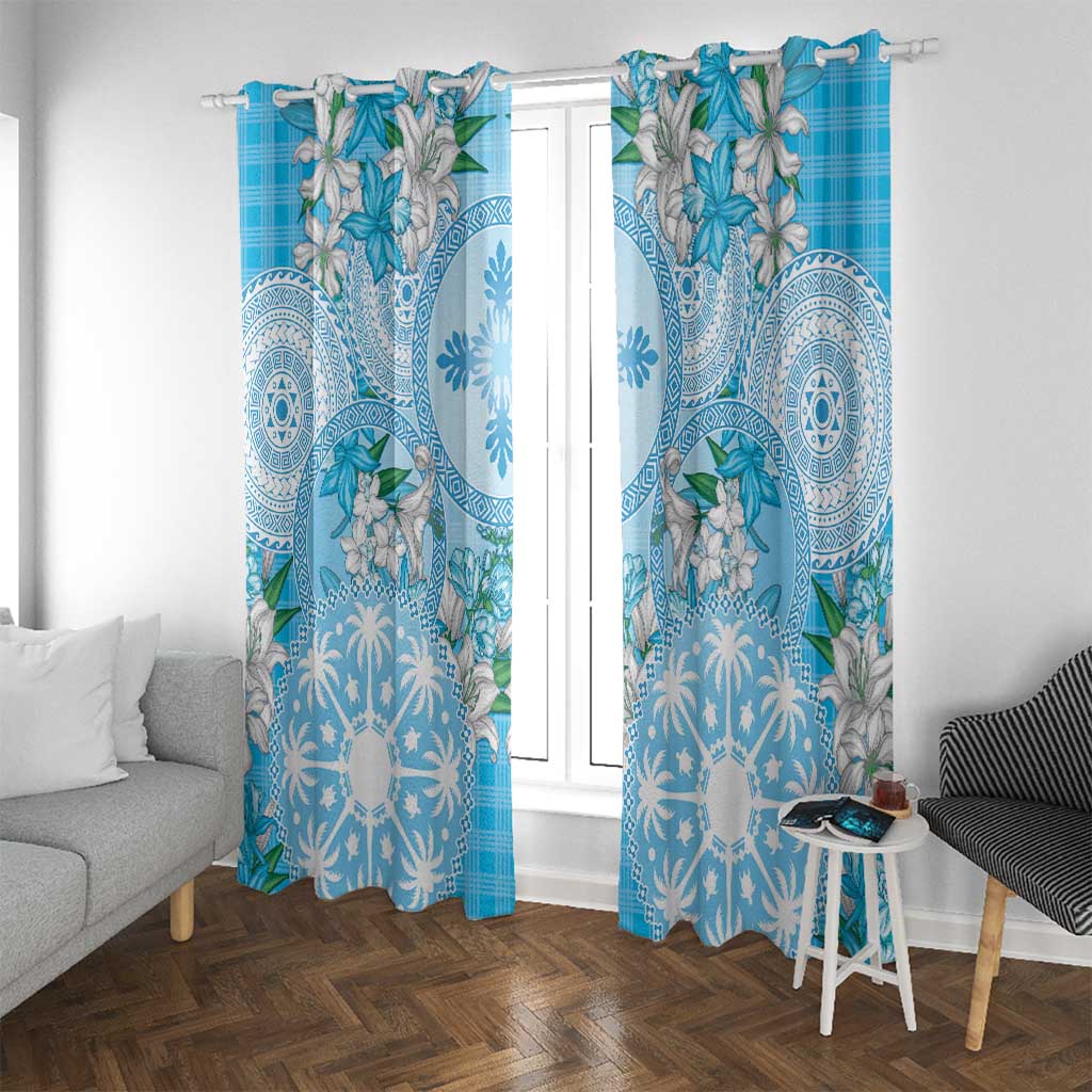 Hawaii Cyan Palaka Window Curtain With Tapa Pattern Tropical Flowers LT05 With Grommets Cyan - Polynesian Pride