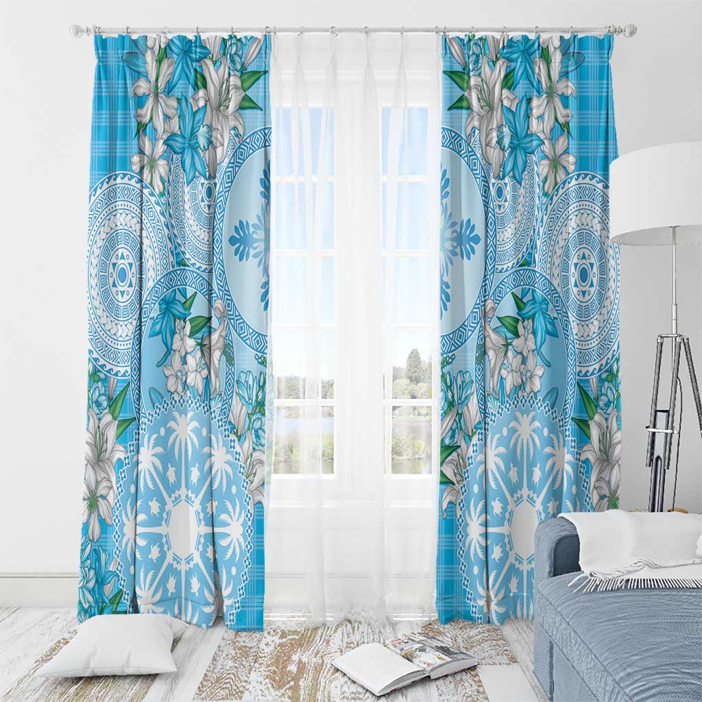 Hawaii Cyan Palaka Window Curtain With Tapa Pattern Tropical Flowers LT05 - Polynesian Pride