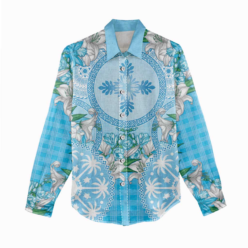 Hawaii Cyan Palaka Women Casual Shirt With Tapa Pattern Tropical Flowers - Polynesian Pride