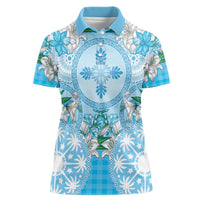 Hawaii Cyan Palaka Women Polo Shirt With Tapa Pattern Tropical Flowers - Polynesian Pride