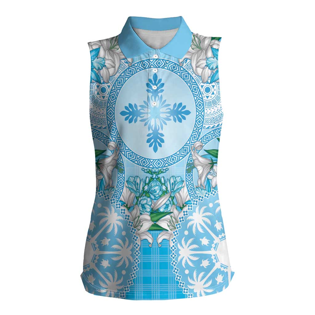 Hawaii Cyan Palaka Women Sleeveless Polo Shirt With Tapa Pattern Tropical Flowers - Polynesian Pride