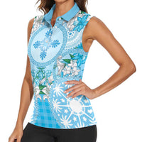 Hawaii Cyan Palaka Women Sleeveless Polo Shirt With Tapa Pattern Tropical Flowers - Polynesian Pride