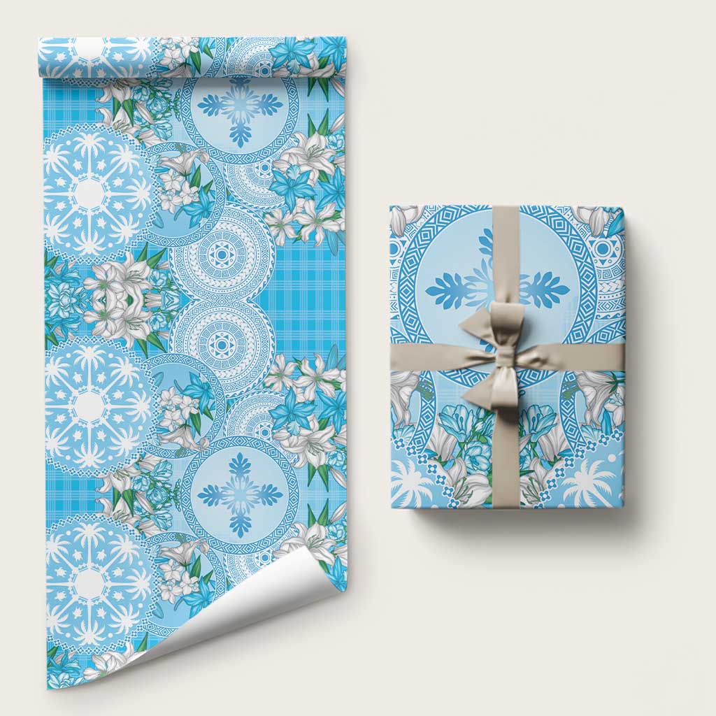 Hawaii Cyan Palaka Wrapping Paper With Tapa Pattern Tropical Flowers - Polynesian Pride