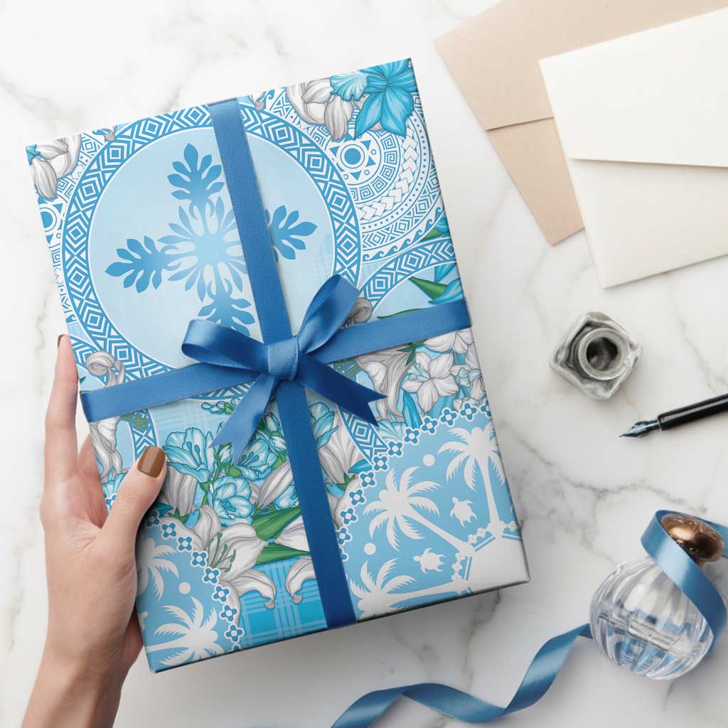 Hawaii Cyan Palaka Wrapping Paper With Tapa Pattern Tropical Flowers - Polynesian Pride