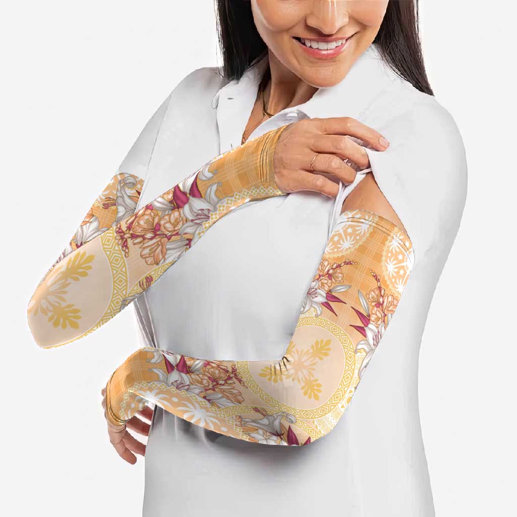 Hawaii Peach Palaka Arm Sleeves With Tapa Pattern Tropical Flowers - Polynesian Pride