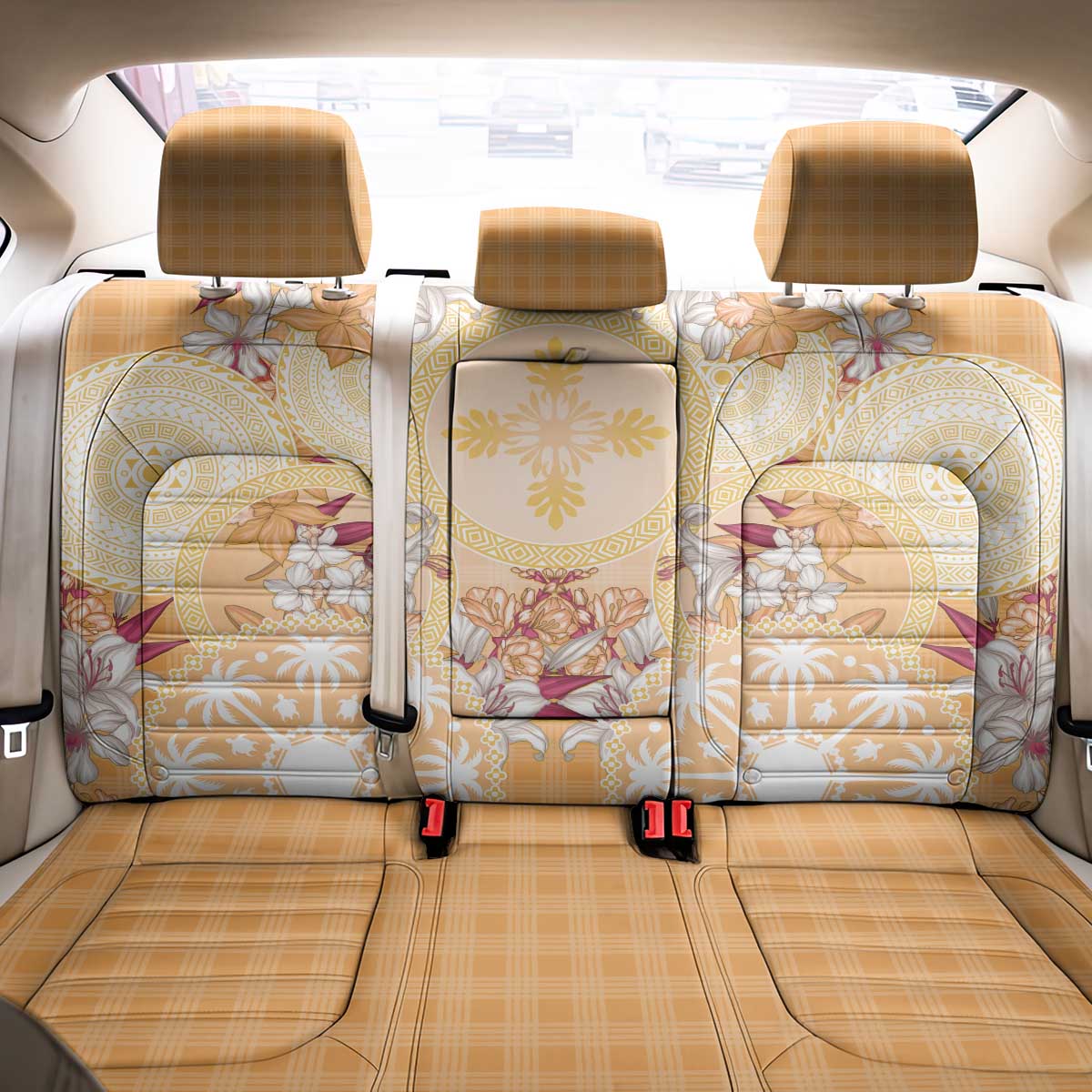 Hawaii Peach Palaka Back Car Seat Cover With Tapa Pattern Tropical Flowers - Polynesian Pride