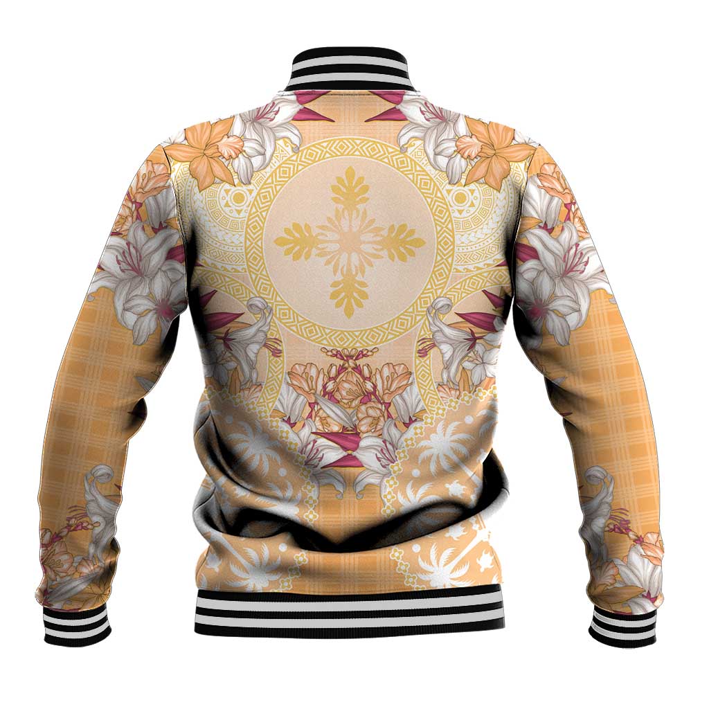Hawaii Peach Palaka Baseball Jacket With Tapa Pattern Tropical Flowers - Polynesian Pride