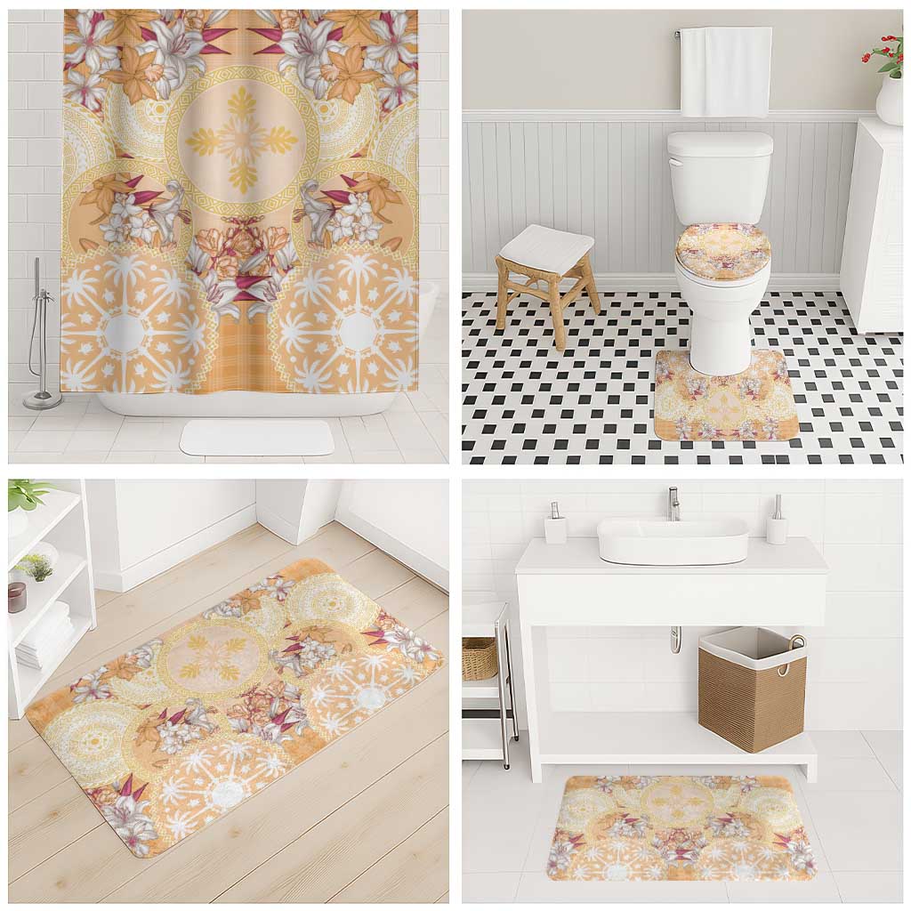 Hawaii Peach Palaka Bathroom Set With Tapa Pattern Tropical Flowers - Polynesian Pride