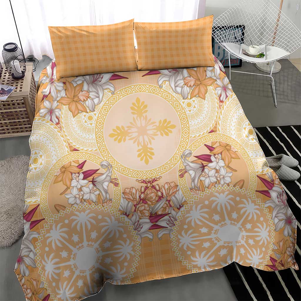 Hawaii Peach Palaka Bedding Set With Tapa Pattern Tropical Flowers - Polynesian Pride