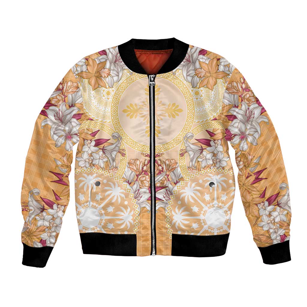 Hawaii Peach Palaka Bomber Jacket With Tapa Pattern Tropical Flowers LT05 Unisex Peach - Polynesian Pride
