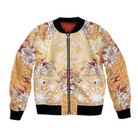 Hawaii Peach Palaka Bomber Jacket With Tapa Pattern Tropical Flowers LT05 Unisex Peach - Polynesian Pride