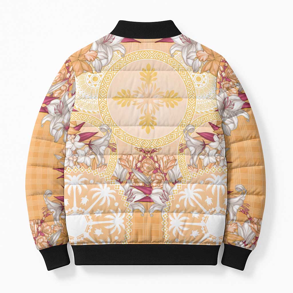 Hawaii Peach Palaka Bomber Puffer Jacket With Tapa Pattern Tropical Flowers LT05 - Polynesian Pride